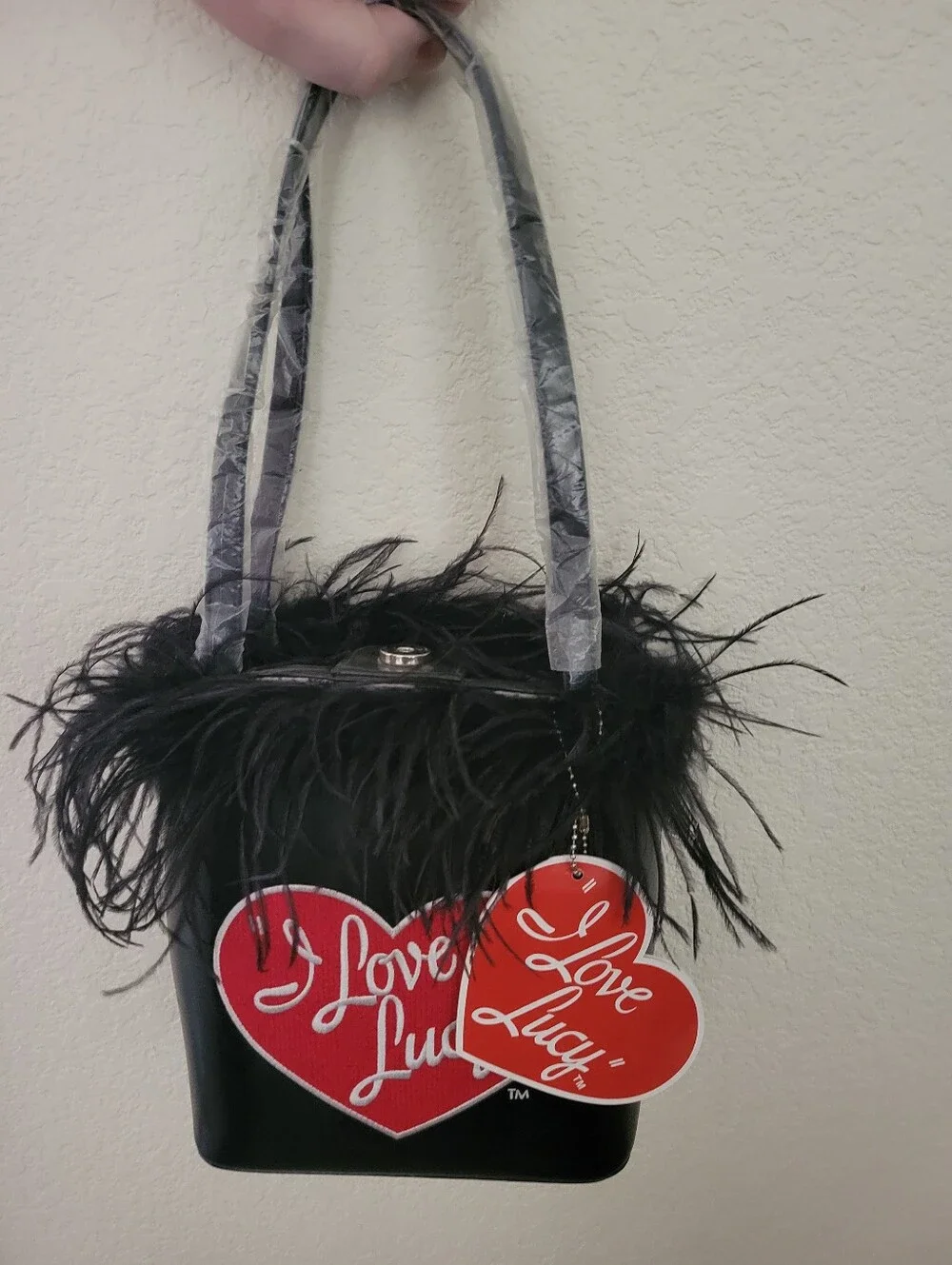 Unique Black “I Love Lucy” themed handbag w/black Ostrich Style Feathers